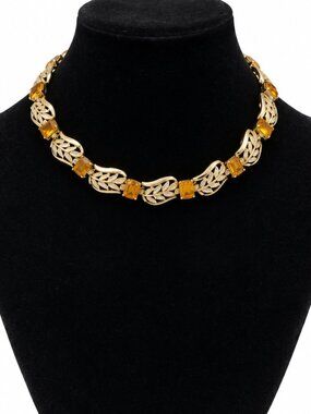 Vintage CORO Gold Tone Amber Rhinestone Openwork Choker Necklace
